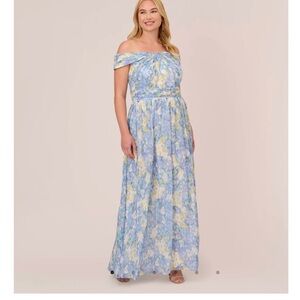 WATERCOLOR FLORAL PRINT GOWN WITH OFF THE SHOULDER NECKLINE IN BLUE MULTI
